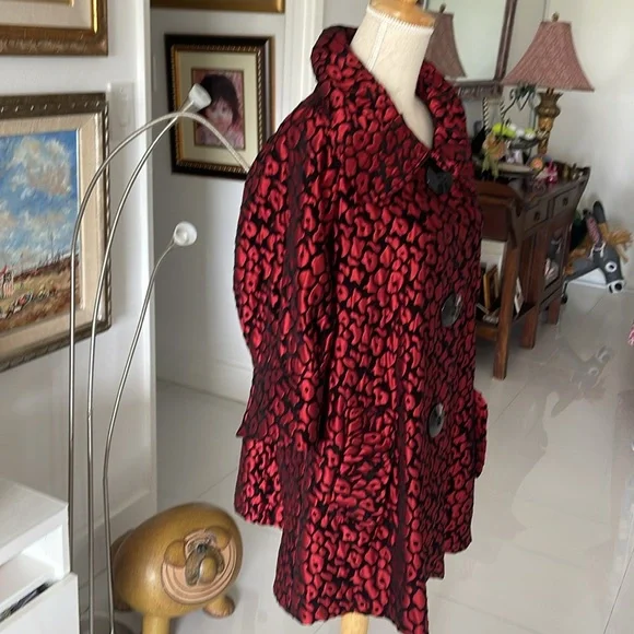 IC by Connie K Red/Black Jacquard Animal Print Jacket/Coat with Black Buttons - Picture 2 of 6
